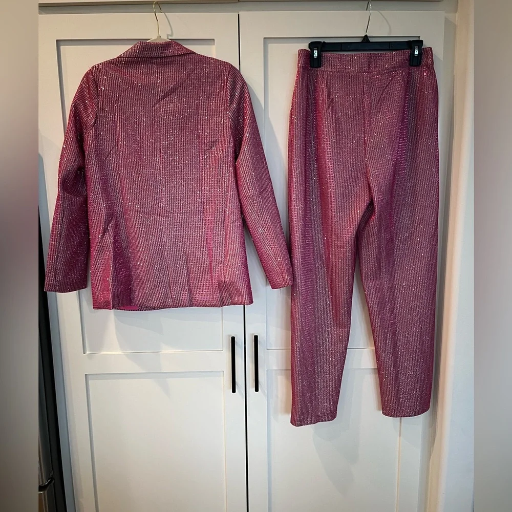 NWT Sans Souci Pink Sparkle Glitter Suit Set Blazer Pants Party NYE Medium